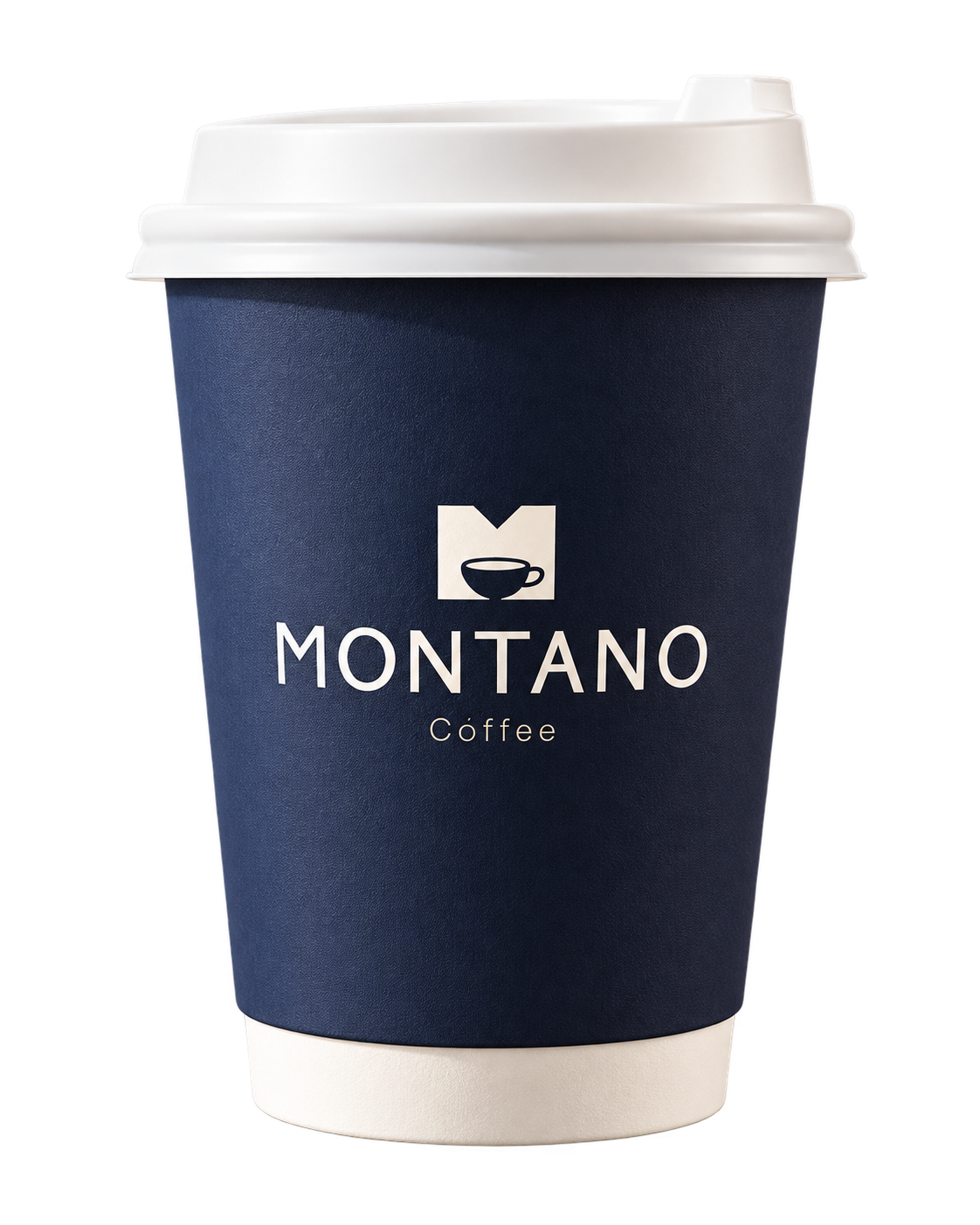 Вырезанный на прозрачный фон фирменный тёмно-синий стакан Montano Coffee с белой крышкой